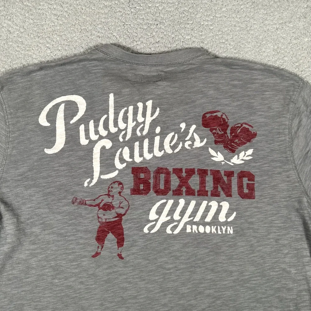 Lucky Brand Shirt Mens Large Gray Henley Vintage Inspired Graphic Tee Boxing Gym